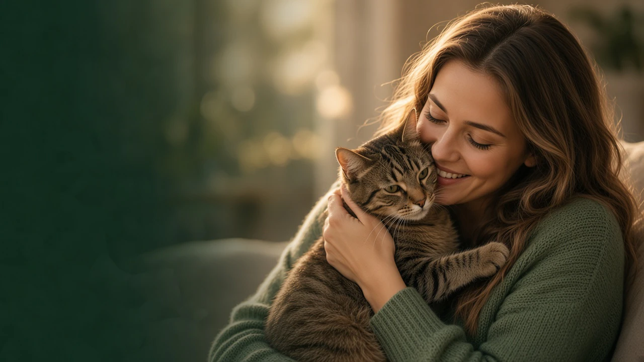 Vrouw omhelst liefdevol een geredde cyperse kat in zacht avondlicht.